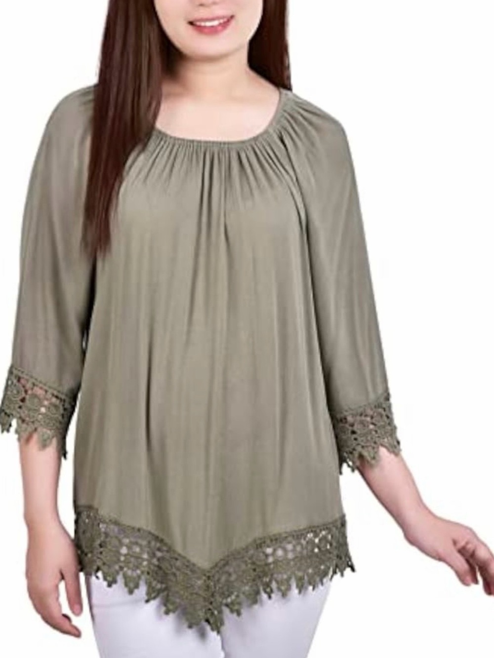 Westport Women's Medium Blouse Beige peasant Boho Crinkle Gauze Crochet Trim